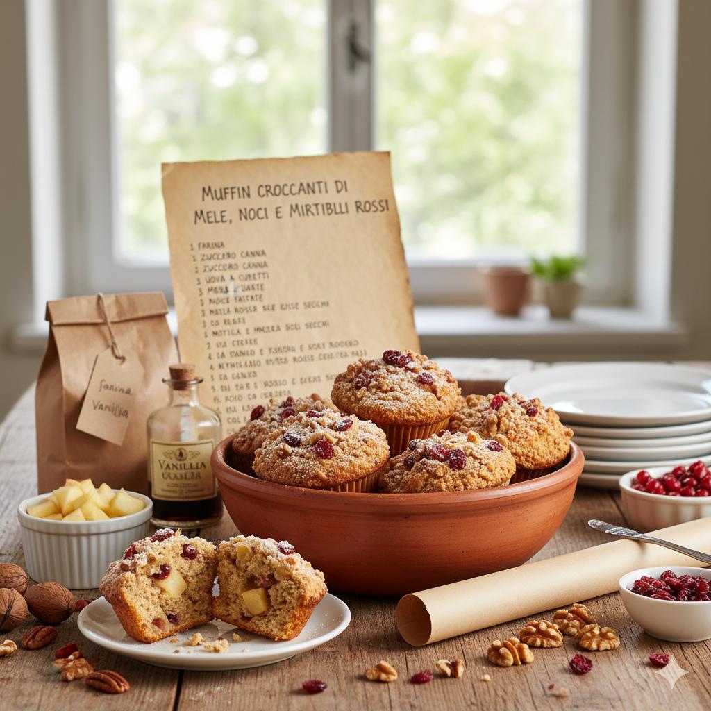 Muffin Croccanti di Mele, Noci e Mirtilli Rossi