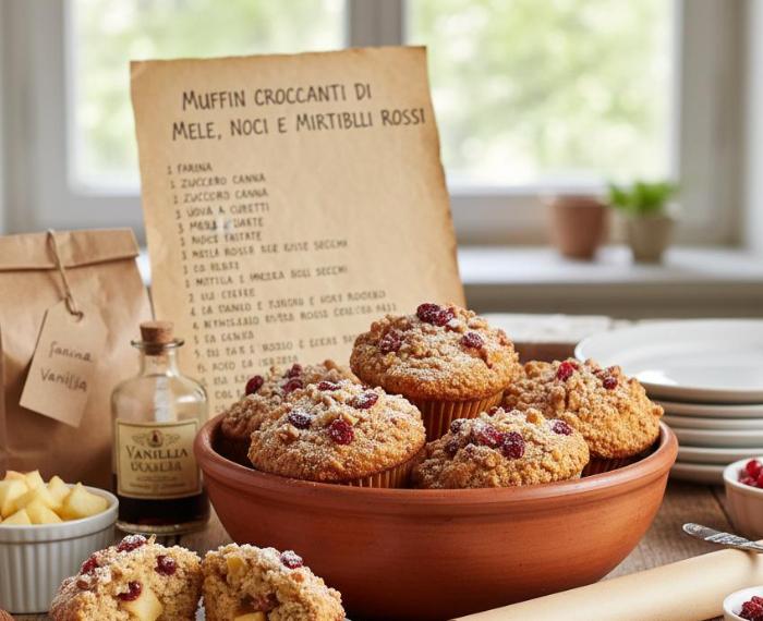 Muffin Croccanti di Mele, Noci e Mirtilli Rossi